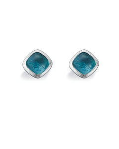 Pair of studs "AQUA" from Spinning Jewelry, featuring sterling silver with aqua glass.