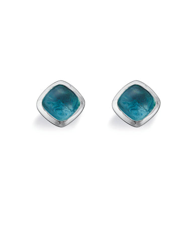 Pair of studs "AQUA" from Spinning Jewelry, featuring sterling silver with aqua glass.