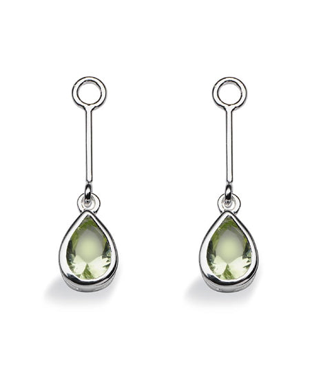 Pair of earring hangers "LONG DROP" from Spinning Jewelry, featuring sterling silver with peridot glass.