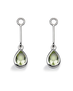 Pair of earring hangers "LONG DROP" from Spinning Jewelry, featuring sterling silver with peridot glass.
