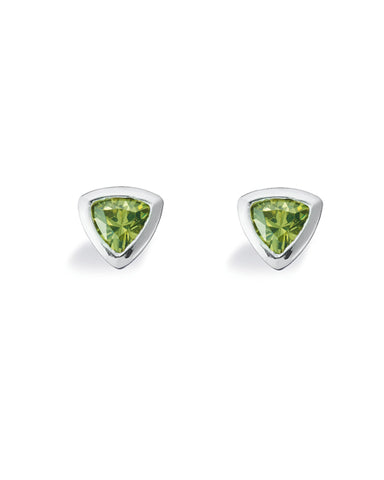 Pair of studs "TRILLION" from Spinning Jewelry, featuring sterling silver with green cubic zirconias.