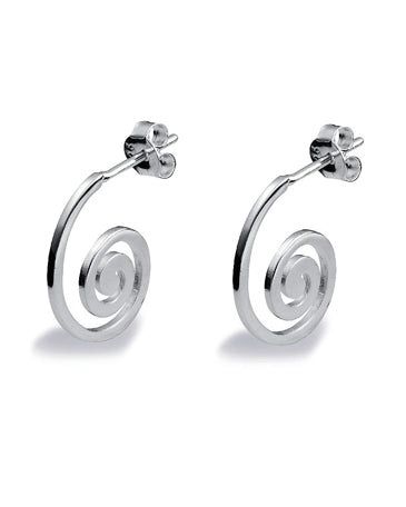 Pair of swirl shaped hoops in sterling silver from Spinning Jewelry.