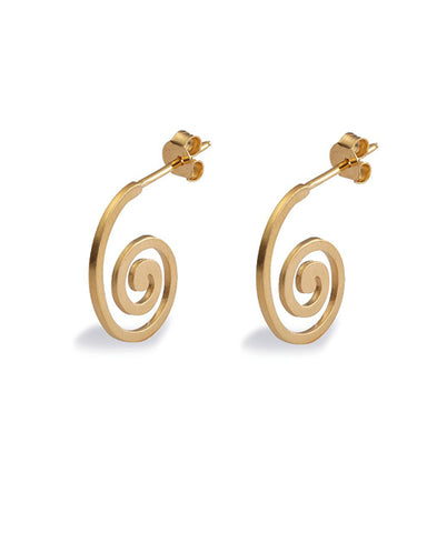 Pair of swirl shaped hoops in gold plated sterling silver from Spinning Jewelry.