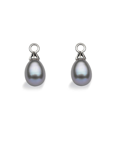 Pair of earring hangers "DROP PEARL" from Spinning Jewelry, featuring sterling silver with grey freshwater pearls.