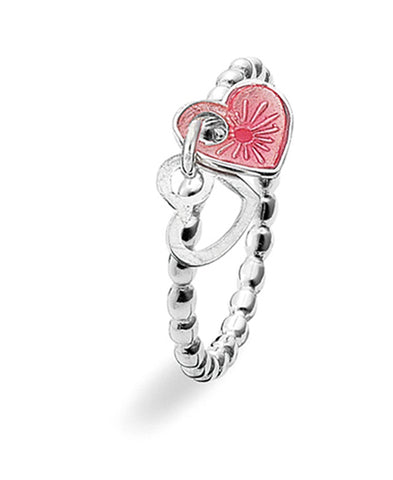 Sterling silver ring with pink enamel featuring two heart motifs.