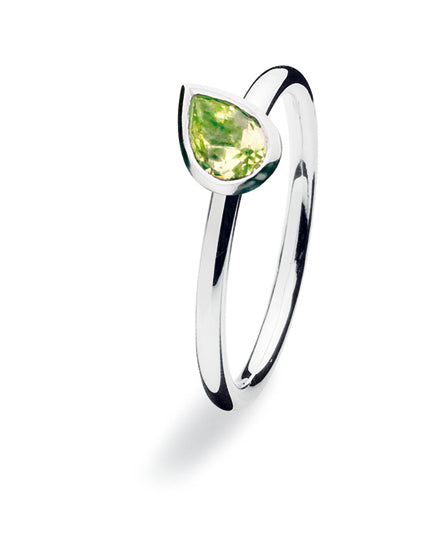 Sterling silver ring with peridot glass with tear shaped setting.