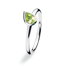 Sterling silver ring with peridot glass with tear shaped setting.