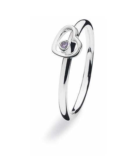 Sterling silver ring with amethyst cubic zirconia featuring heart shaped setting.