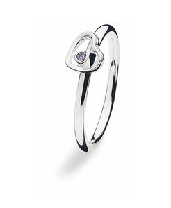 Sterling silver ring with amethyst cubic zirconia featuring heart shaped setting.