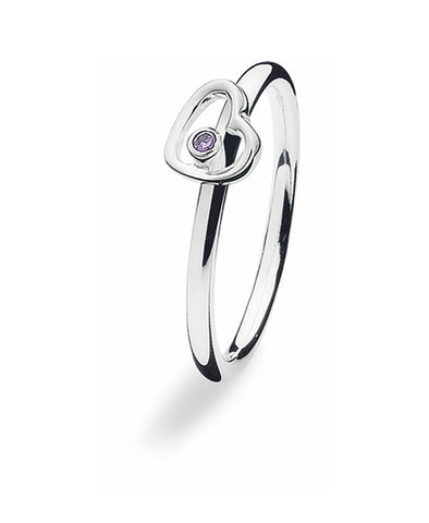 Sterling silver ring with amethyst cubic zirconia featuring heart shaped setting.