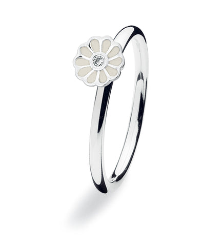 Sterling silver ring with cubic zirconia featuring white enamelled flower setting.