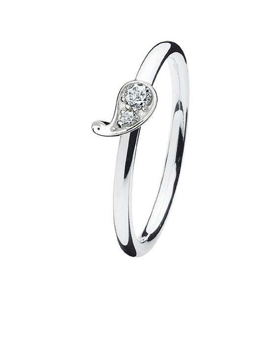 Sterling silver ring with cubic zirconia featuring paisley design setting.
