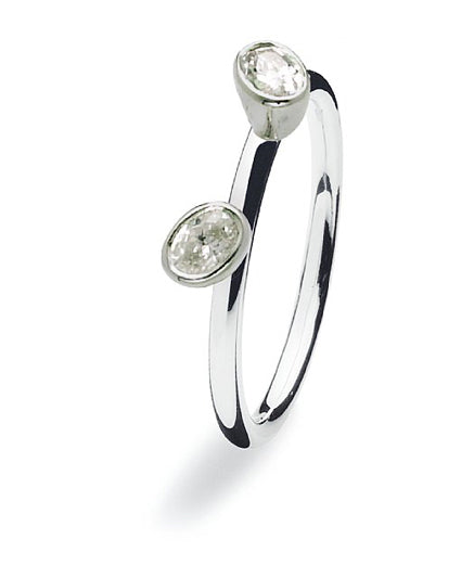 Sterling silver ring with two elliptical cubic zirconia settings