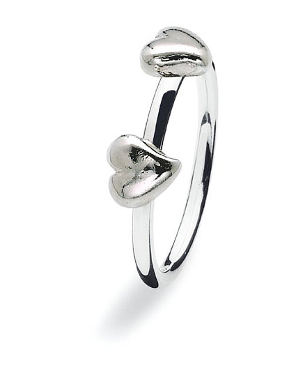 Sterling silver ring with two heart motifs.