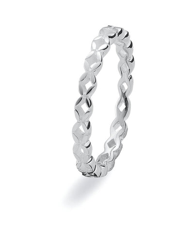 Sterling silver ring with band with tracery motif.
