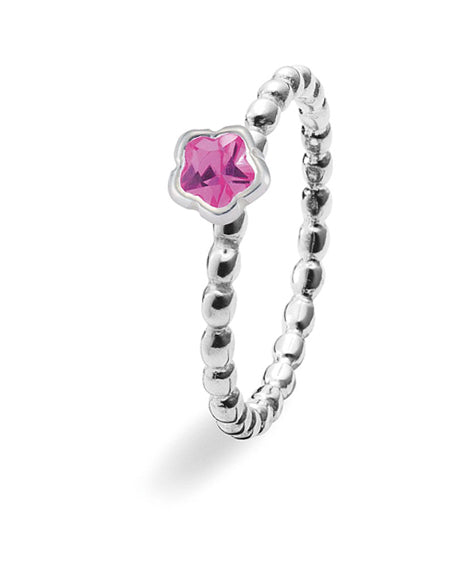 Sterling silver ring with beaded band and pink cubic zirconia setting