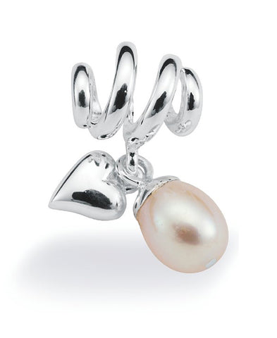 Sterling silver charm with freshwater pearl and heart motif.