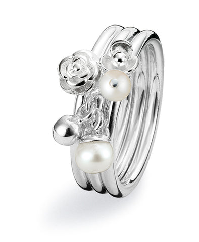 Sterling silver ring combination featuring freshwater pearls