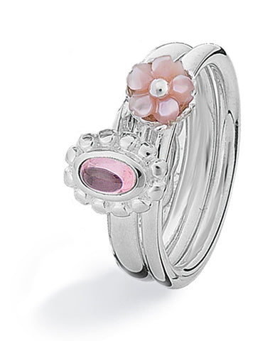 Sterling silver Spinning Jewelry ring combination, featuring pink mother-of-pearl and cubic zirconia.