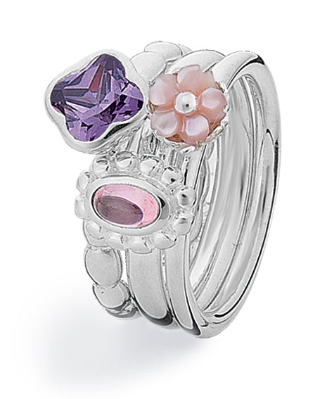Sterling silver ring combination featuring amethyst, pink mother-of-pearl and cubic zirconia.