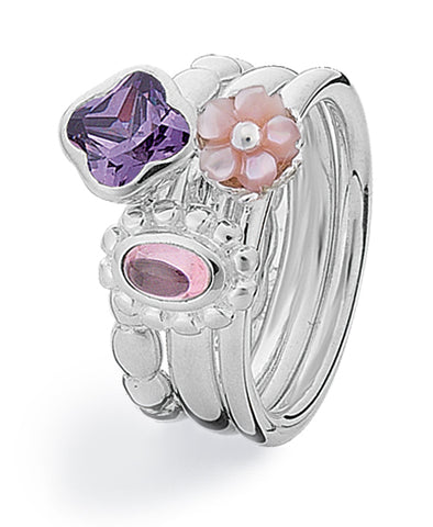 Sterling silver ring combination featuring amethyst, pink mother-of-pearl and cubic zirconia.