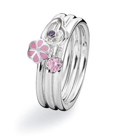Sterling silver ring combination featuring amethyst cubic zirconia, pink cubic zirconia and enamel.
