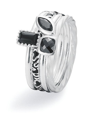 Sterling silver ring combination featuring cat eye, black cubic zirconia and enamel.