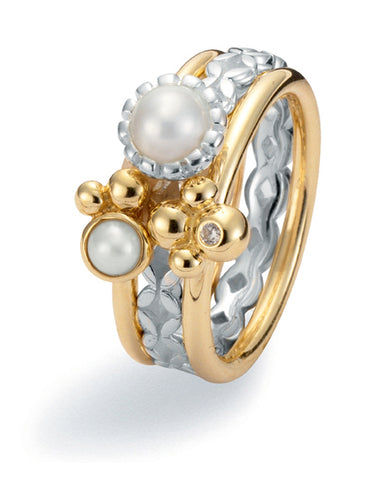 9ct gold and sterling silver ring combination featuring freshwater pearls and cubic zirconia