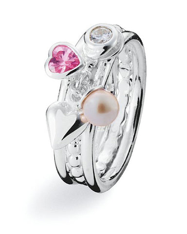 Sterling silver ring combination featuring pink heart cubic zirconia and freshwater pearl