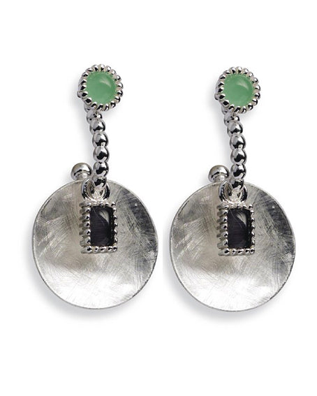 Earring combination 'HAZEL' from Spinning Jewelry, featuring hooks and hangers in sterling silver with synthetic jade and cat eye.