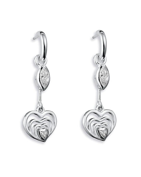 Earring combination 'OPEN YOUR HEART' from Spinning Jewelry, featuring hooks and hangers in sterling silver, with heart motif and cubic zirconias.