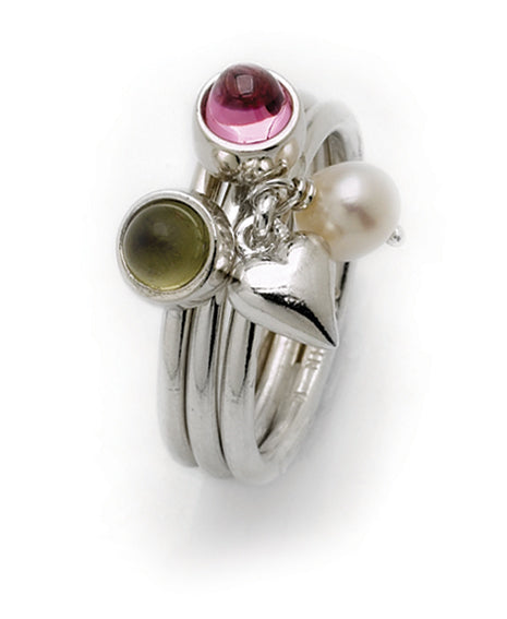 Sterling silver ring combination with olive and pink settings  featuring freshwater pearl.