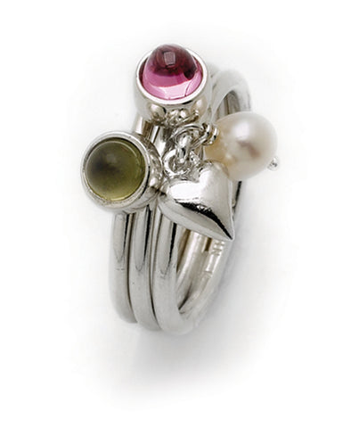 Sterling silver ring combination with olive and pink settings  featuring freshwater pearl.