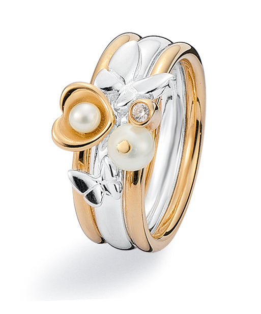 Ring combination with 9 ct gold, sterling silver, cubic zirconia and freshwater pearls