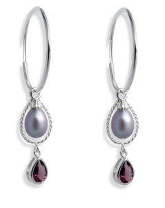 Earring combination 'VELVES' from Spinning Jewelry, featuring hoops and hangers in sterling silver, freshwater pearls and purple glass.