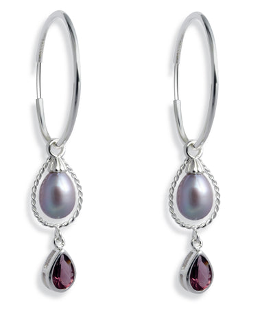 Earring combination 'VELVES' from Spinning Jewelry, featuring hoops and hangers in sterling silver, freshwater pearls and purple glass.
